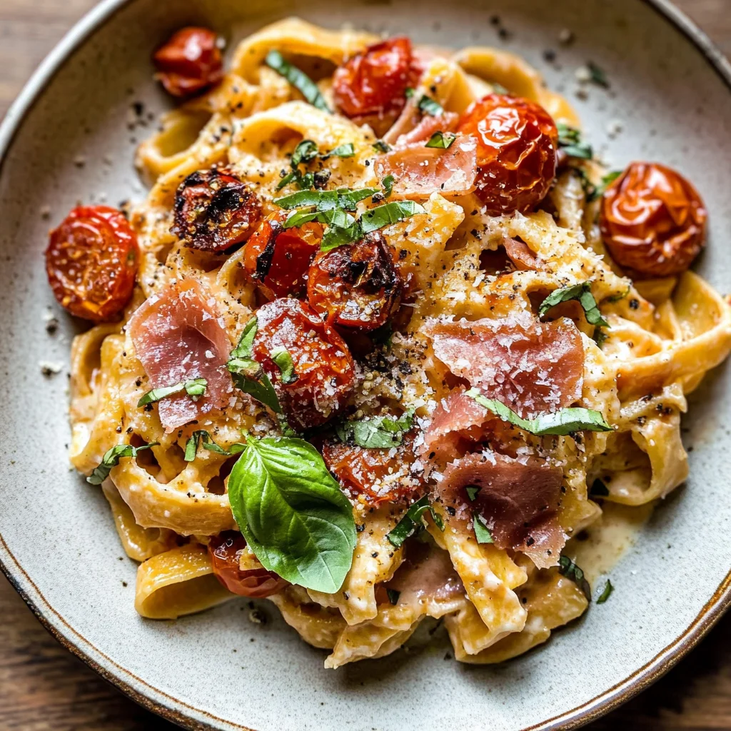 Creamy Roasted Tomato Ricotta Pasta with Crispy Prosciutto