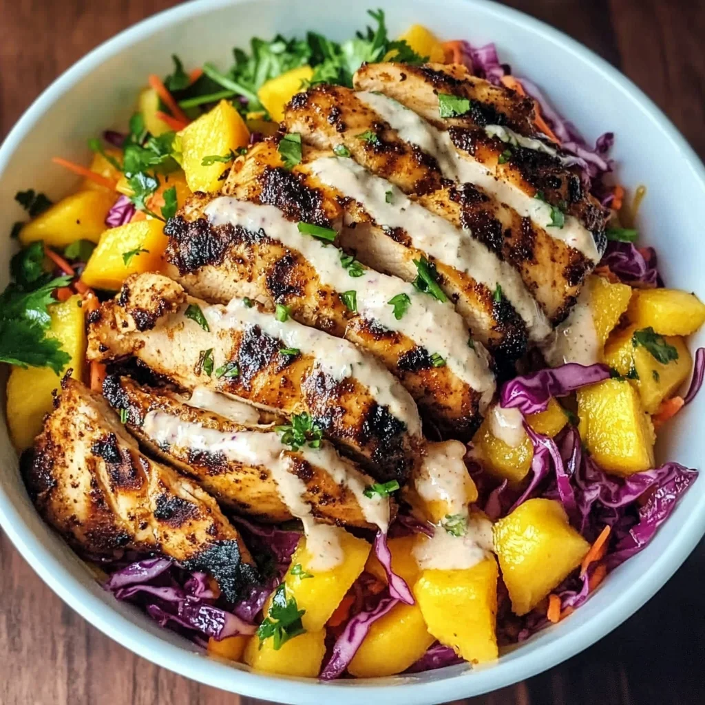 Jerk Chicken & Mango Slaw Bowls with Honey Lime Cream