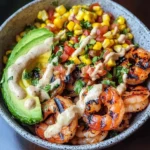 Grilled Shrimp Bowl with Avocado, Corn Salsa & Creamy Garlic Sauce