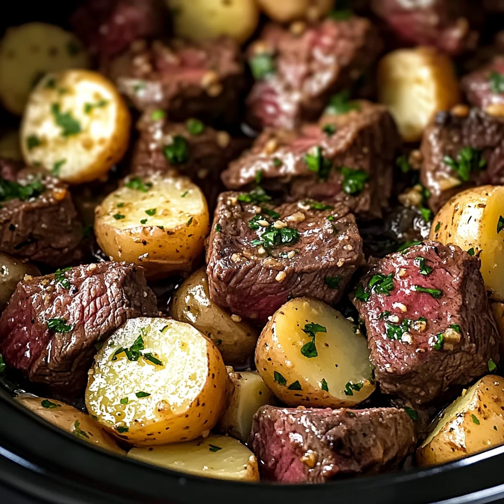 Crock pot garlic butter steak bites & potatoes